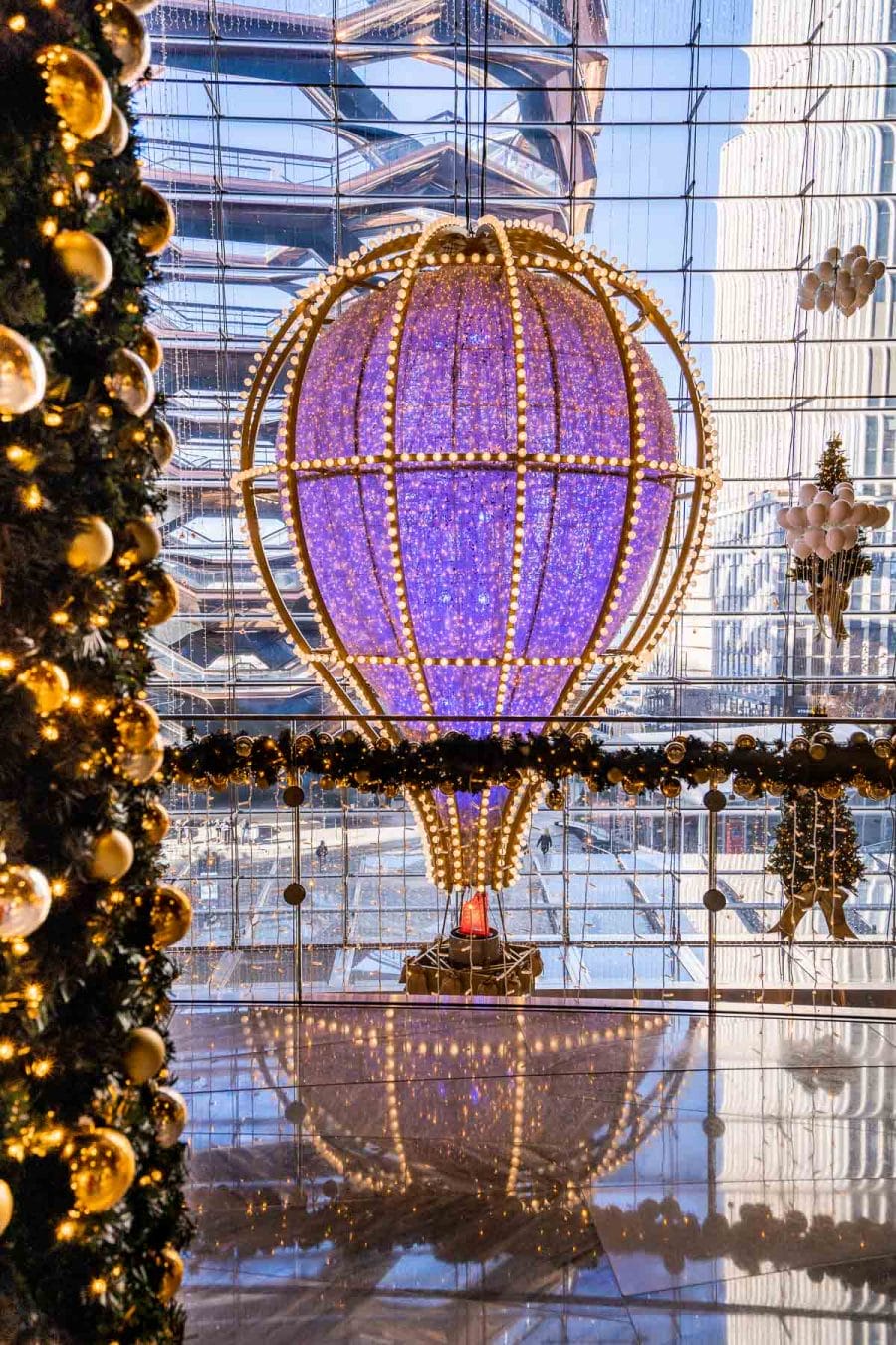 Purple hot air balloon at Hudson Yards in New York at Christmas
