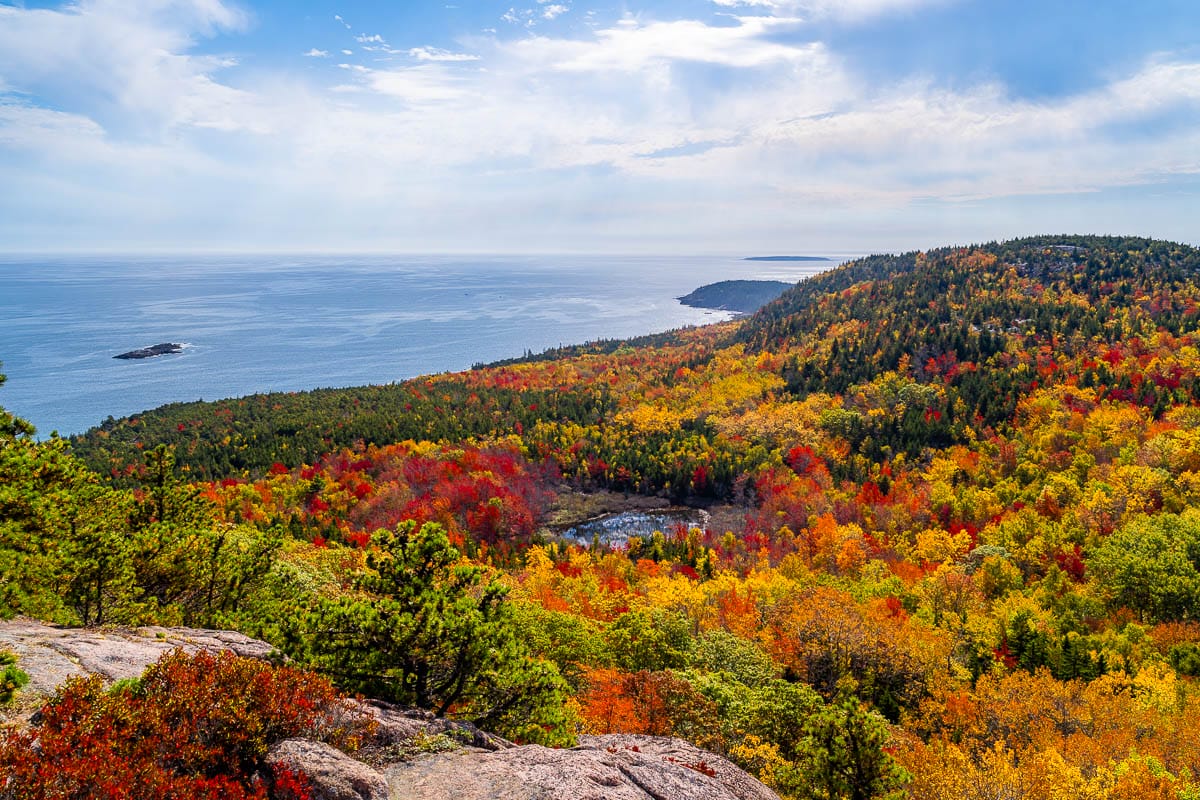 View from the summit of the Beehive Trail in Acadia National Park in the fall