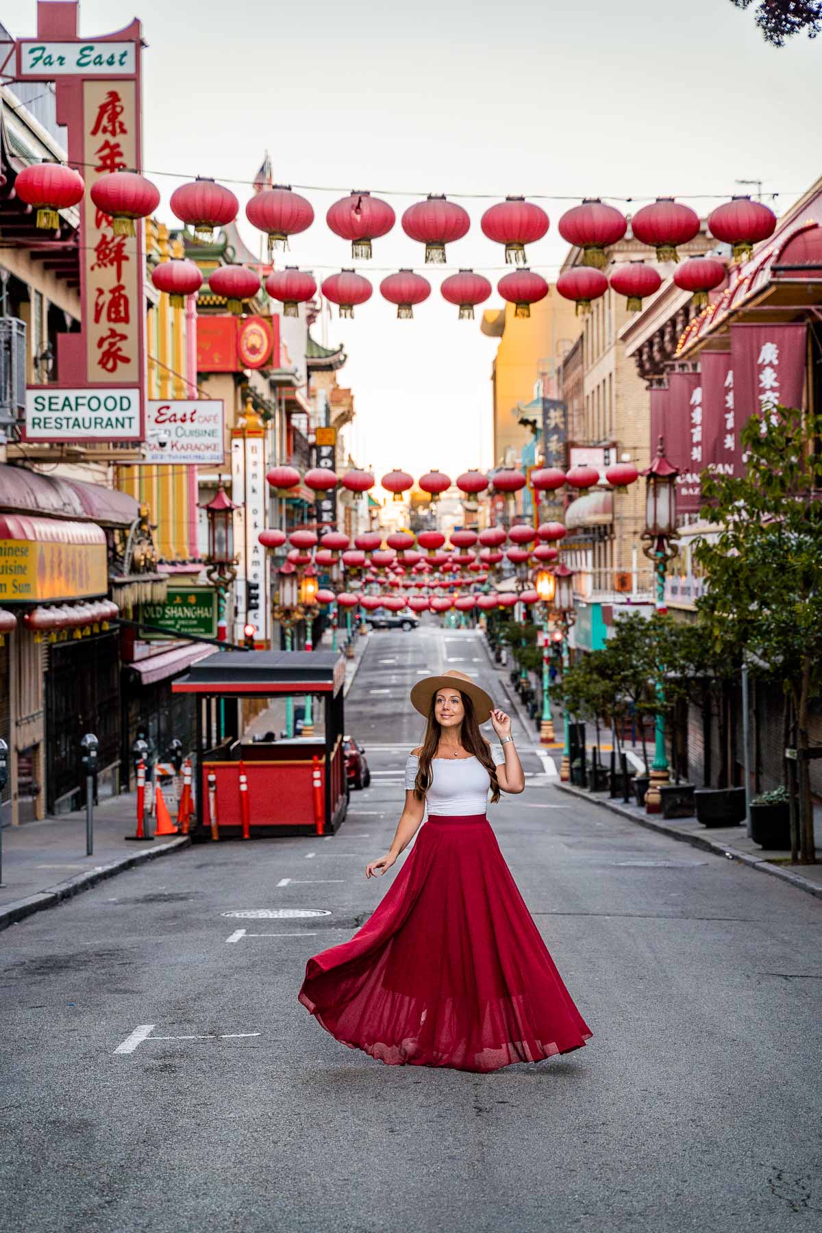 Girl in red skirt in Chinatown, San Francisco
