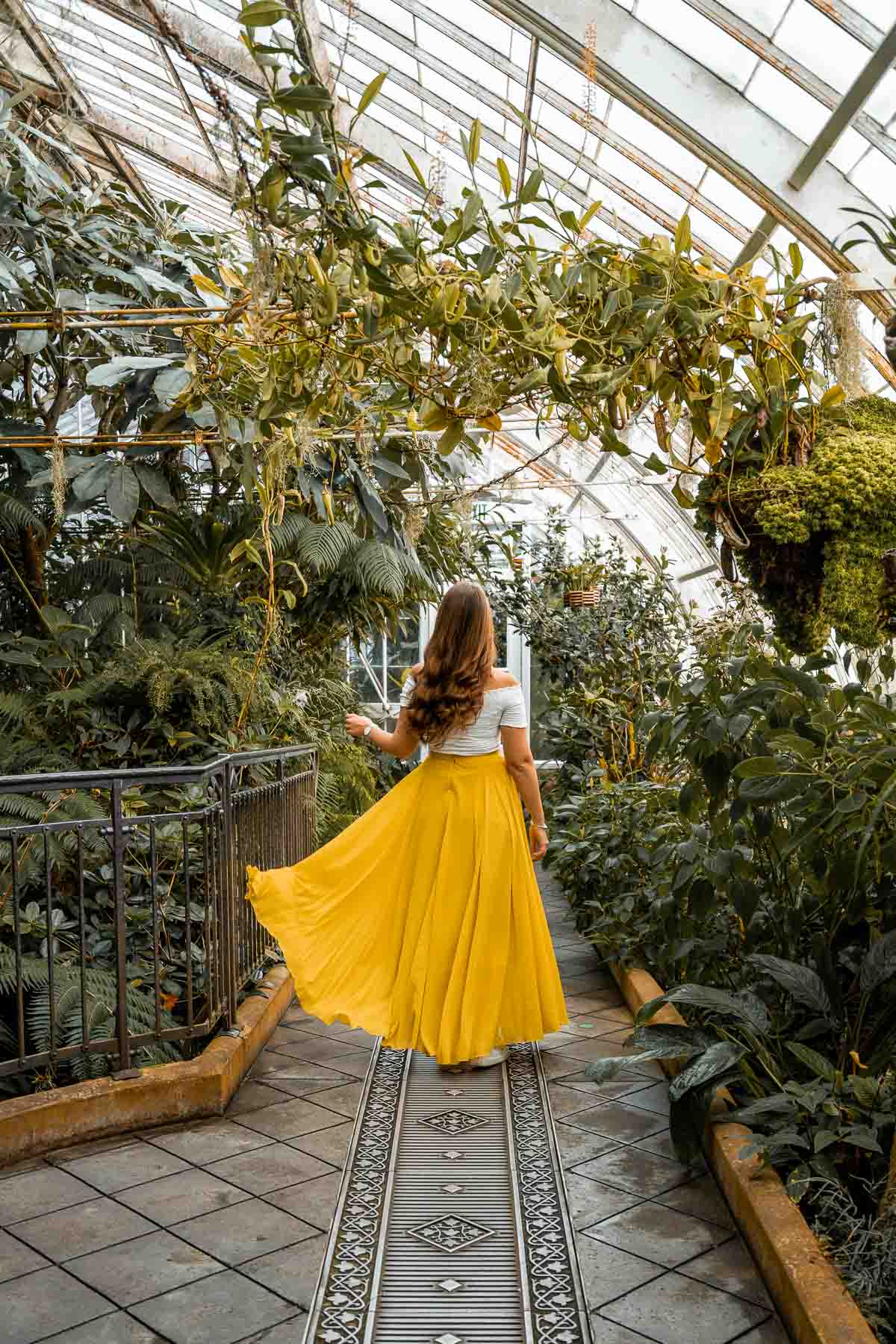 Girl in yellow skirt at the Conservatory of Flowers in San Francisco
