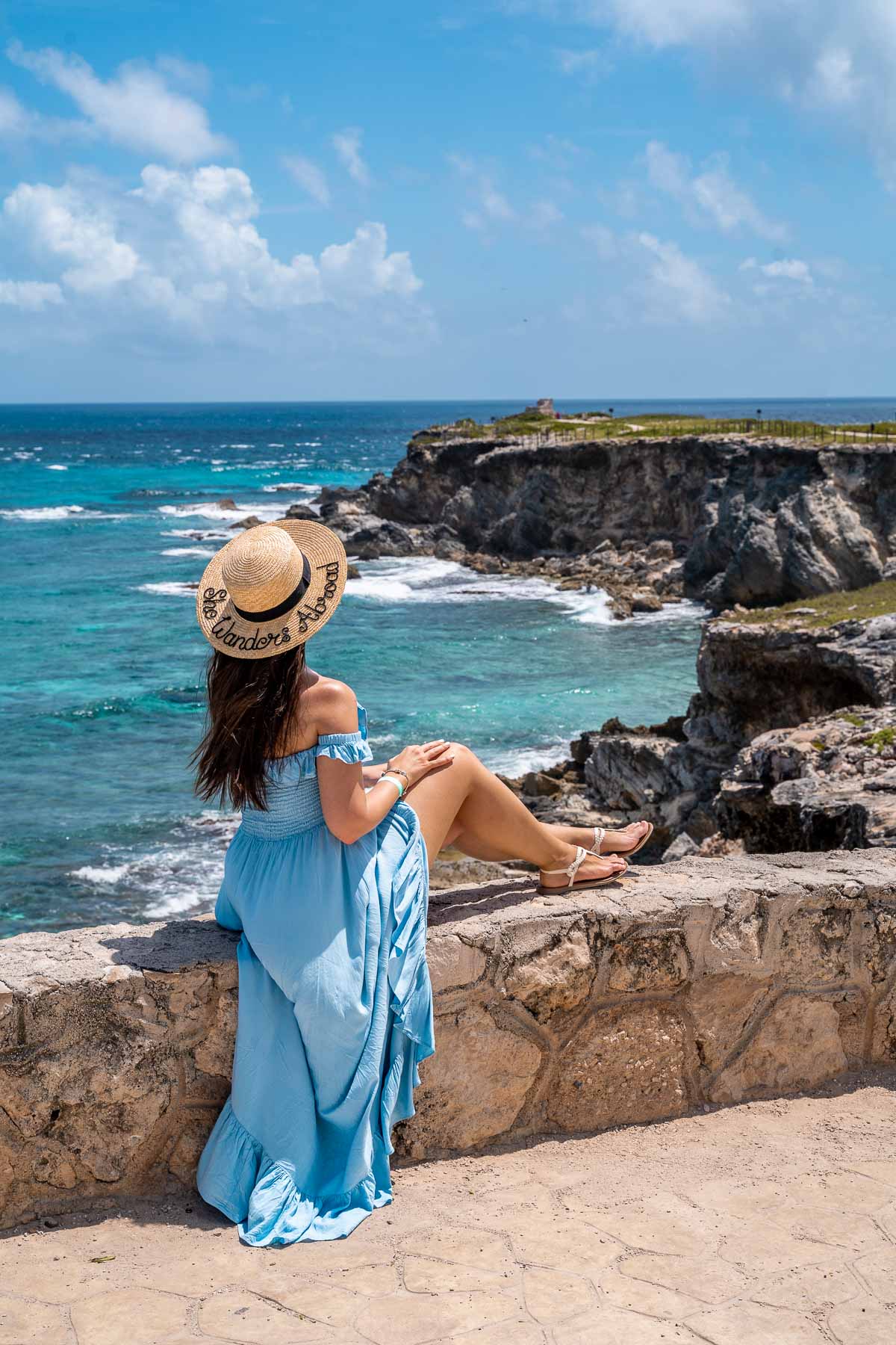 Girl in blue dress at Punta Sur on Isla Mujeres, Mexico