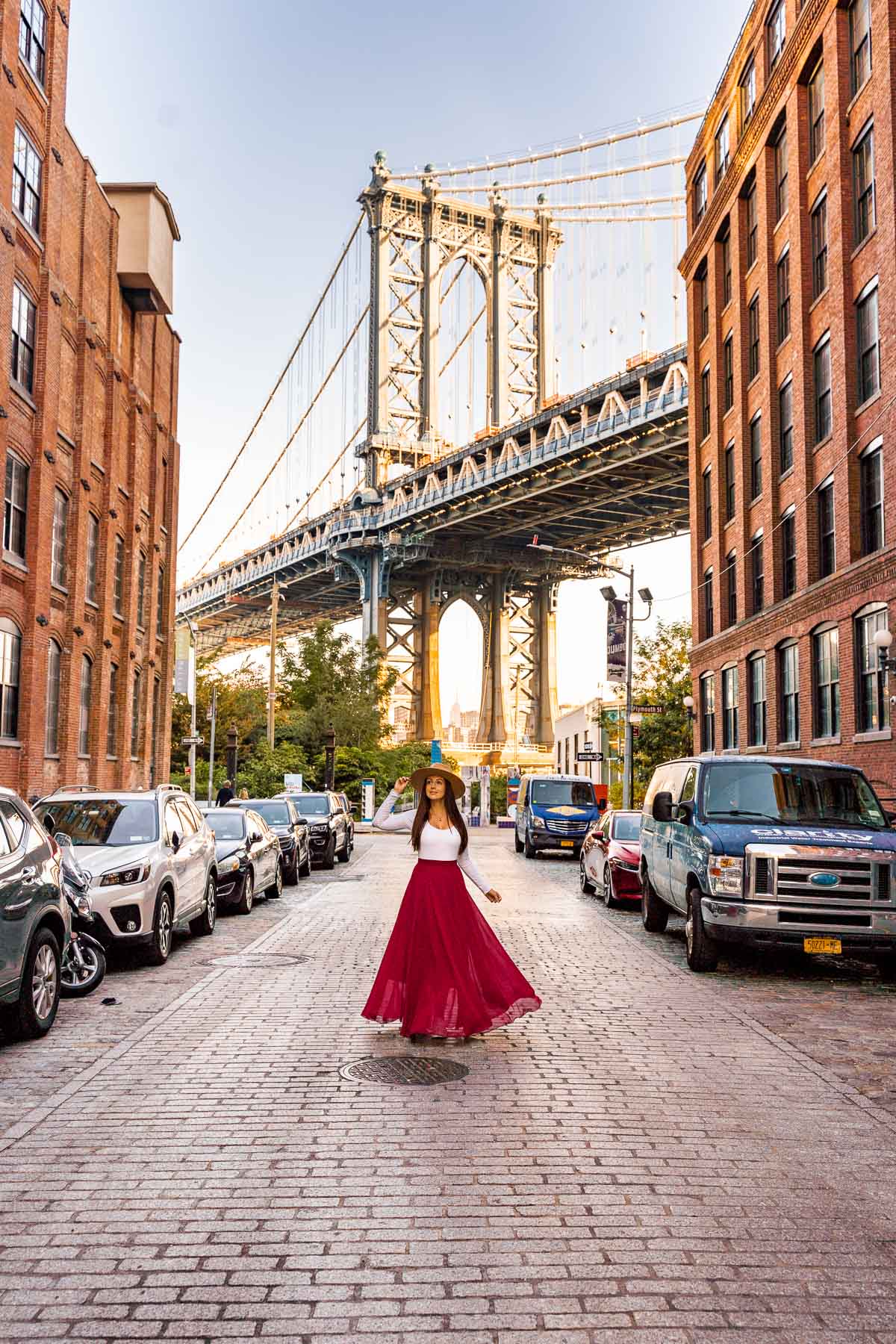 Girl in red skirt at the Dumbo in Brooklyn, New York