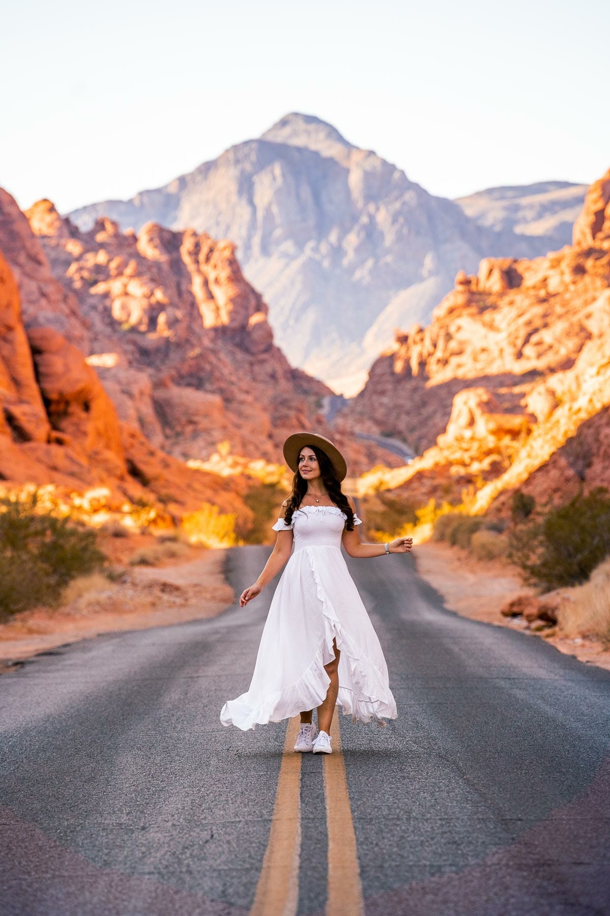 Girl in a white dress at Mouse Tank Road in Valley of Fire State Park