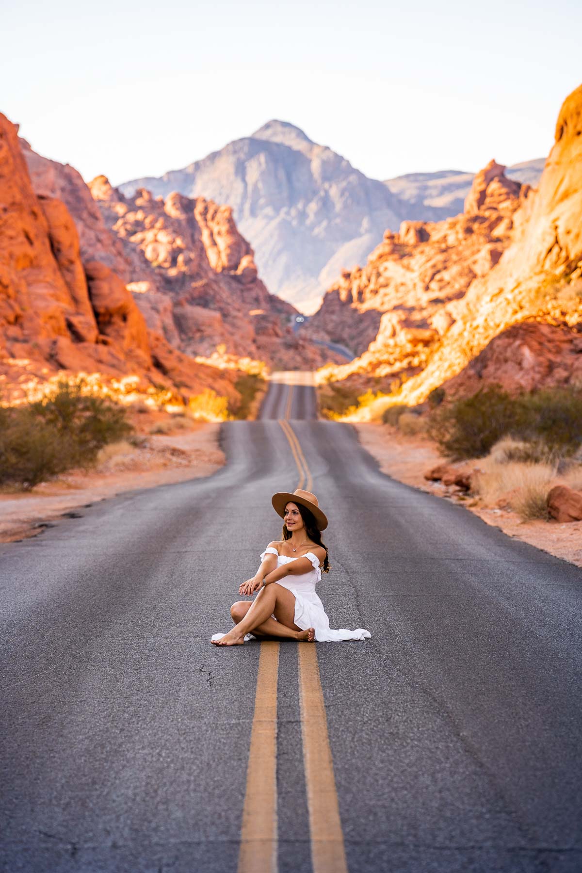 Girl in a white dress at Mouse Tank Road in Valley of Fire State Park