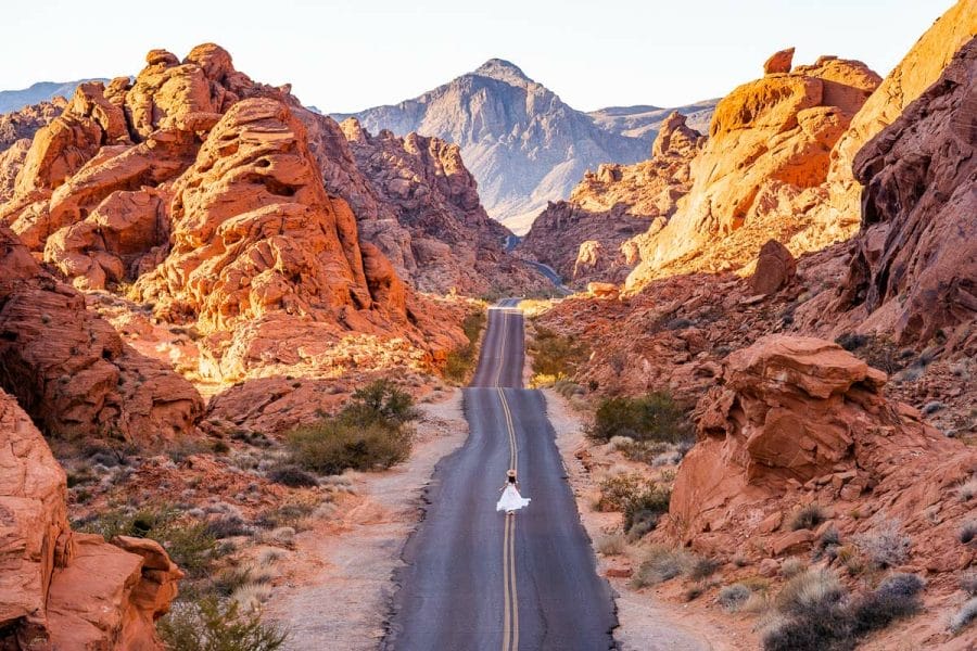 Girl in white dress at Mouse Tank Road in Valley of Fire State Park