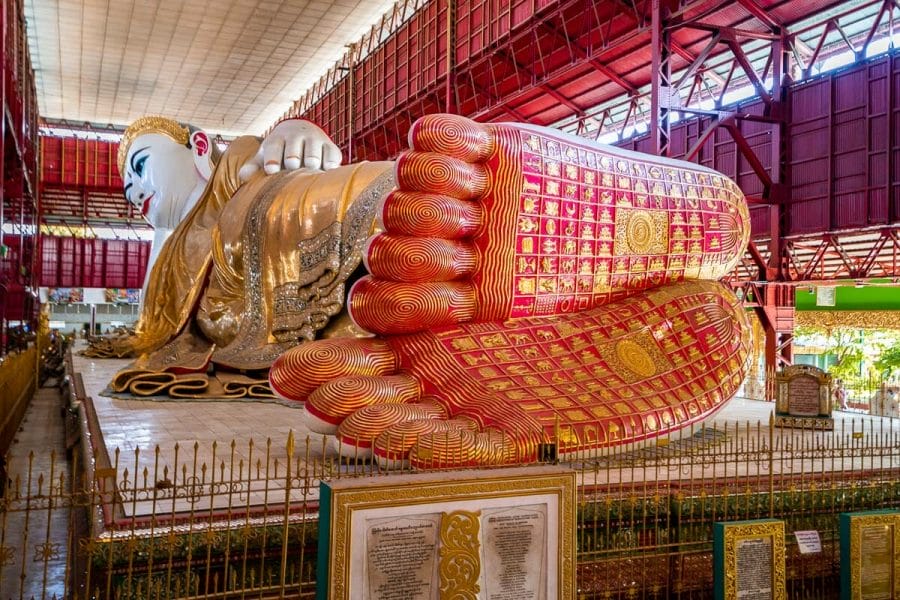 The foot of the Reclining Buddha at Chauk Htat Kyi Pagoda, Yangon