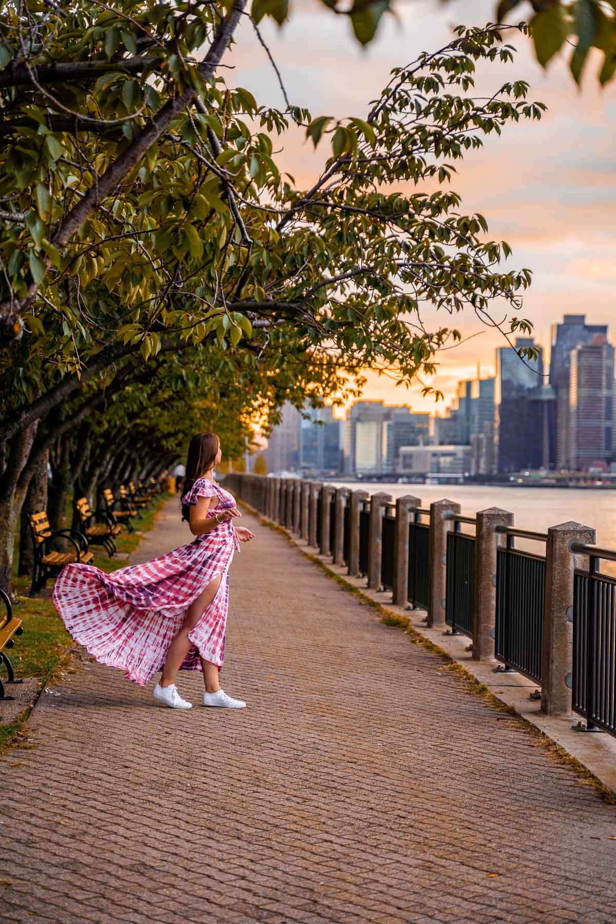 Girl in pink dress on Roosevelt Island, New York
