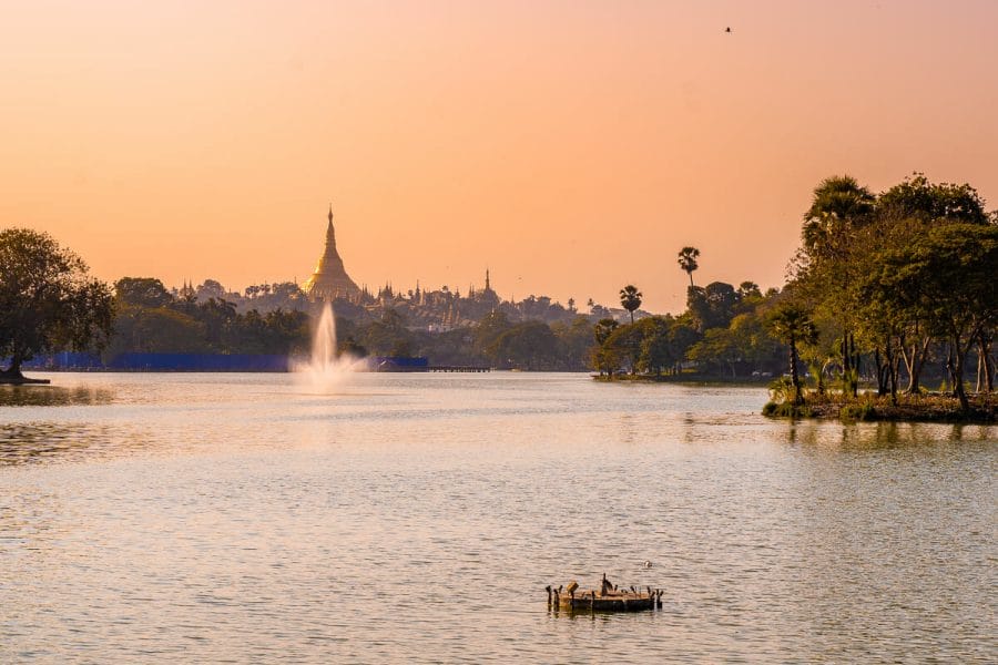 View of Shwedagon Pagoda at sunset from Kandawgyi Lake, Yangon