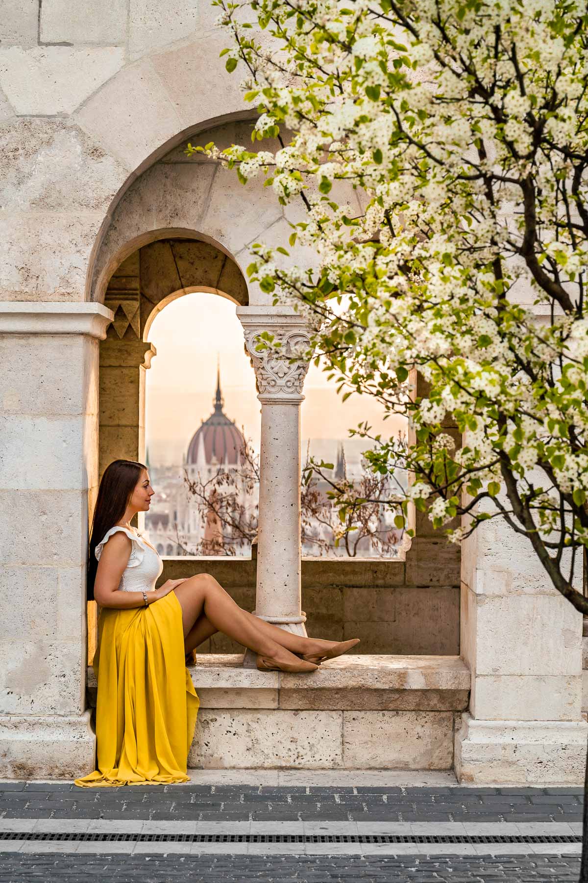 Girl at Fisherman's Bastion at spring in Budapest