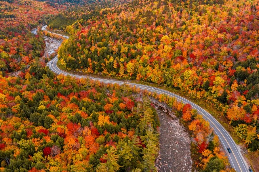 Aerial view of Kancamagus Highway with Fall Foliage
