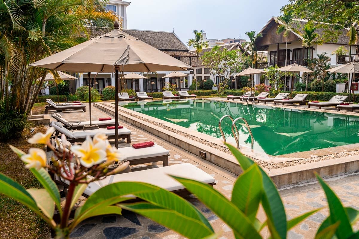 Pool area at the Riverside Boutique Resort in Vang Vieng