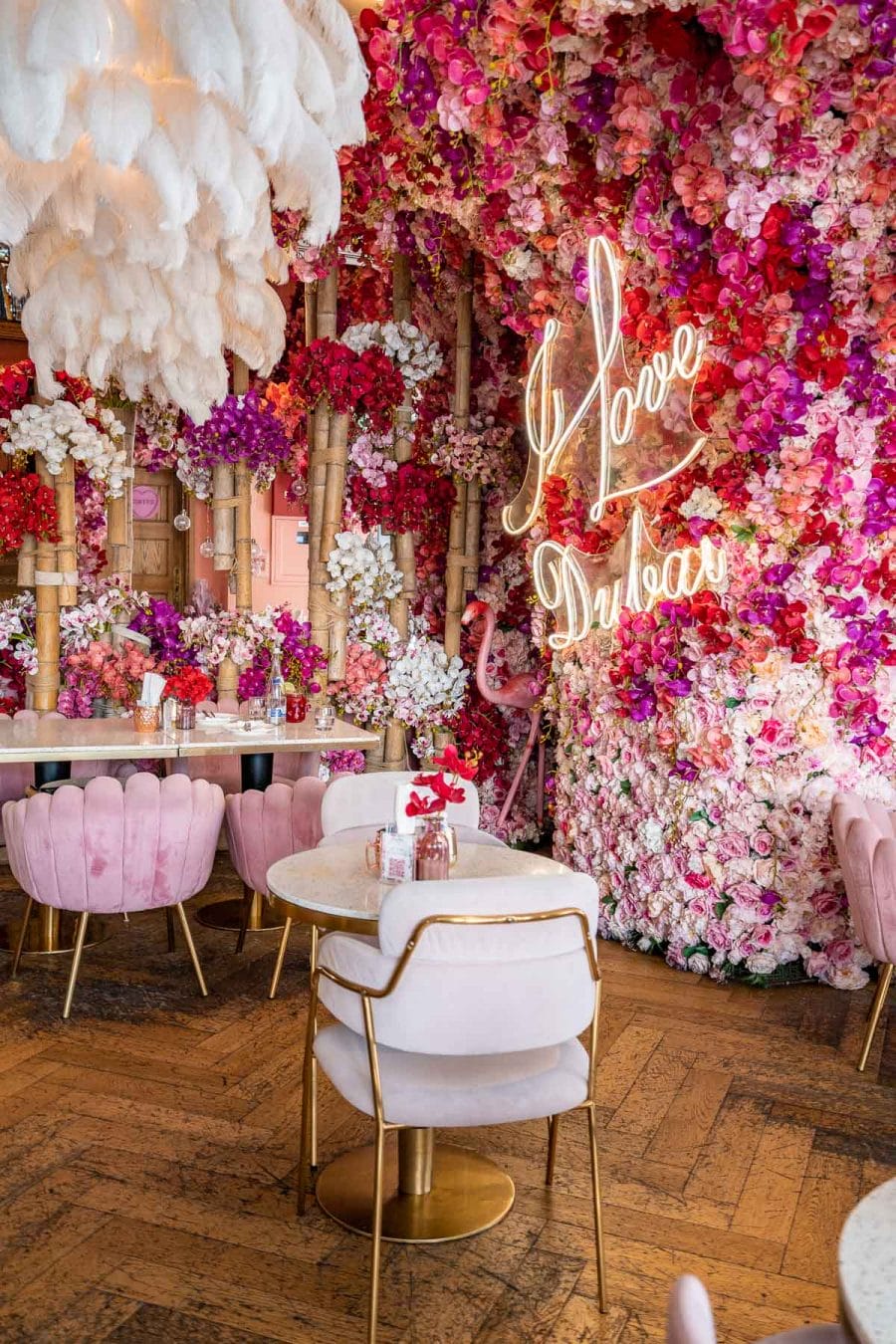 The beautiful pink decor of Saya Cafe Dubai