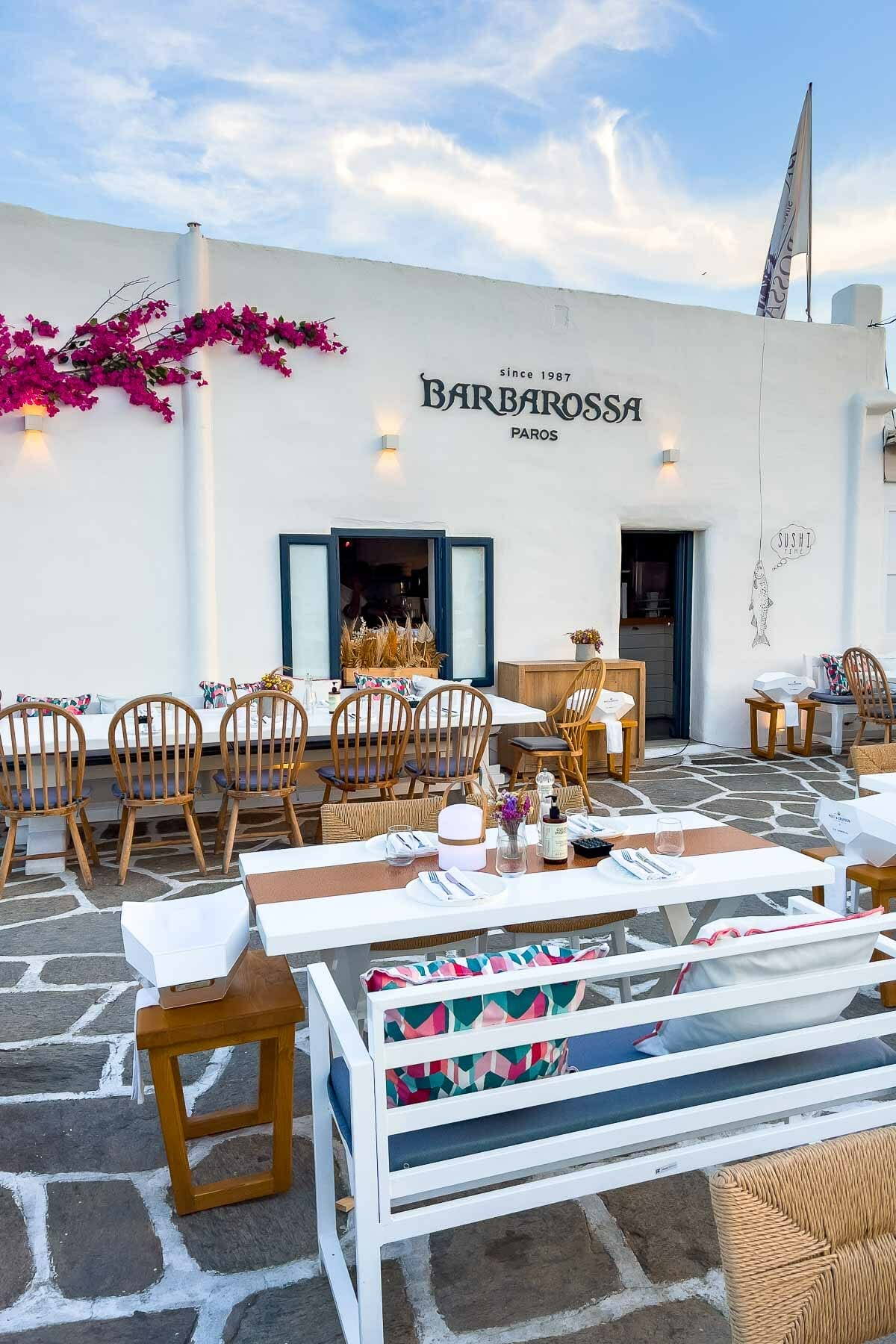 Lovely outdoor seats at Barbarossa, one of the best restaurants in Paros