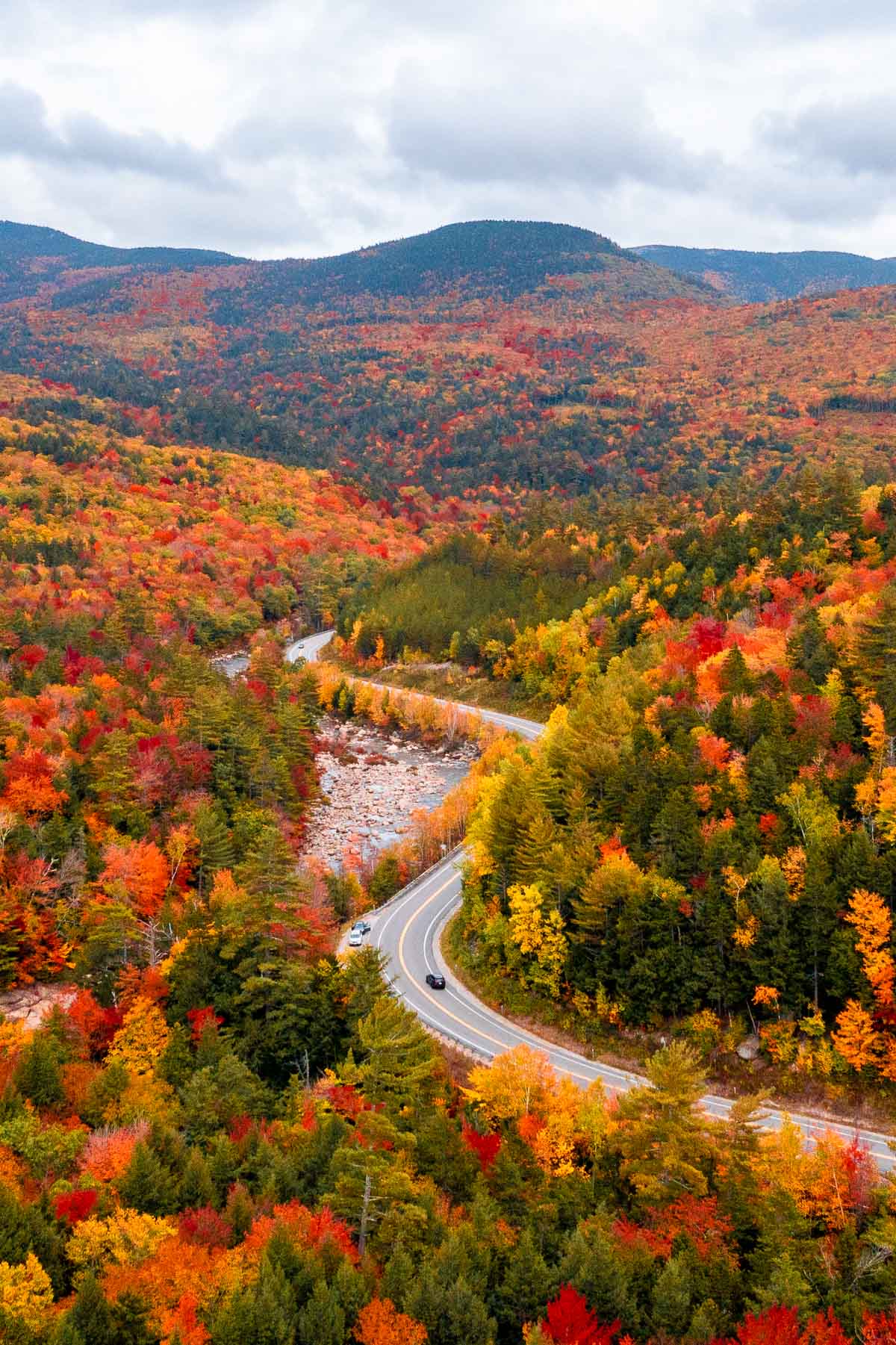 Aerial view of the Kancamagus Highway fall foliage drive