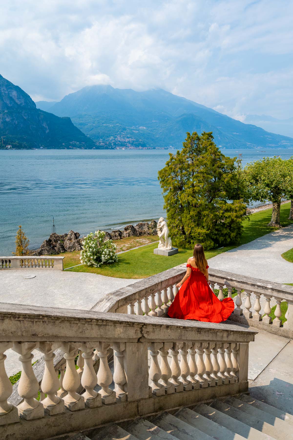 Girl in red dress at Villa Melzi in Bellagio, Lake Como